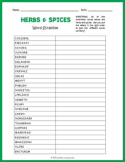 Herbs And Spices Word Scramble