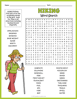 Free printable Hiking Word Search puzzle worksheet