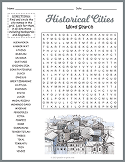 Free printable Historical Cities Word Search puzzle worksheet