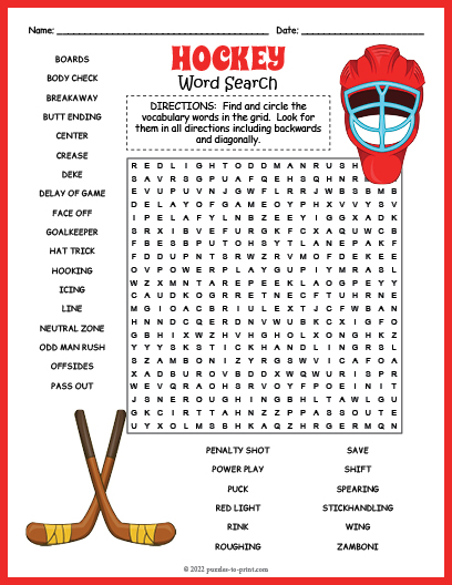 Hockey Word Search Word Search