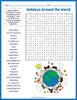 Free printable Holidays Around the World Word Search puzzle worksheet