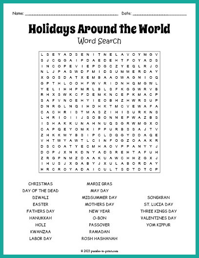Holidays Around the World Word Search