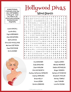Free printable Hollywood Divas Word Search puzzle worksheet