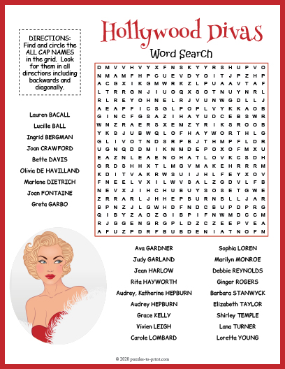 Hollywood Divas Word Search