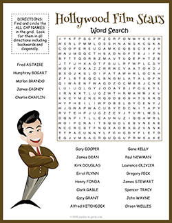 Free printable Hollywood Film Stars Word Search puzzle worksheet