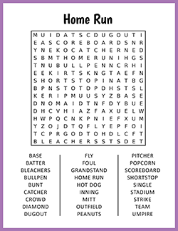 Free printable Home Run Word Search puzzle worksheet