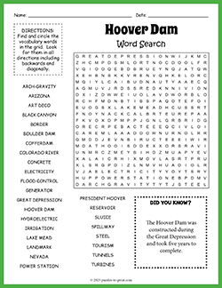 Free printable Hoover Dam Word Search puzzle worksheet