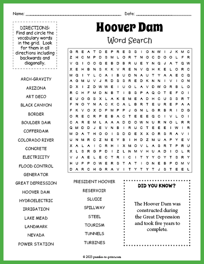 Hoover Dam Word Search