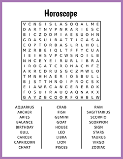 Free printable Horoscope Word Search puzzle worksheet