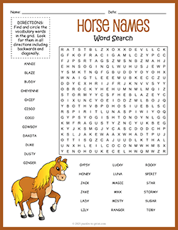 Free printable Horse Names Word Search puzzle worksheet