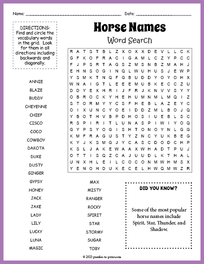 Horse Names Word Search