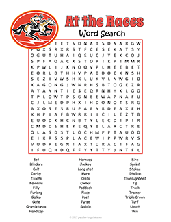 Free printable Horse Racing Word Search puzzle worksheet