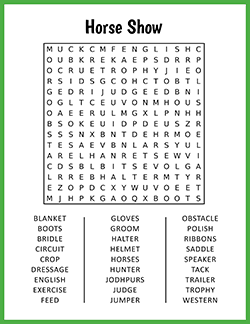 Free printable Horse Show Word Search puzzle worksheet