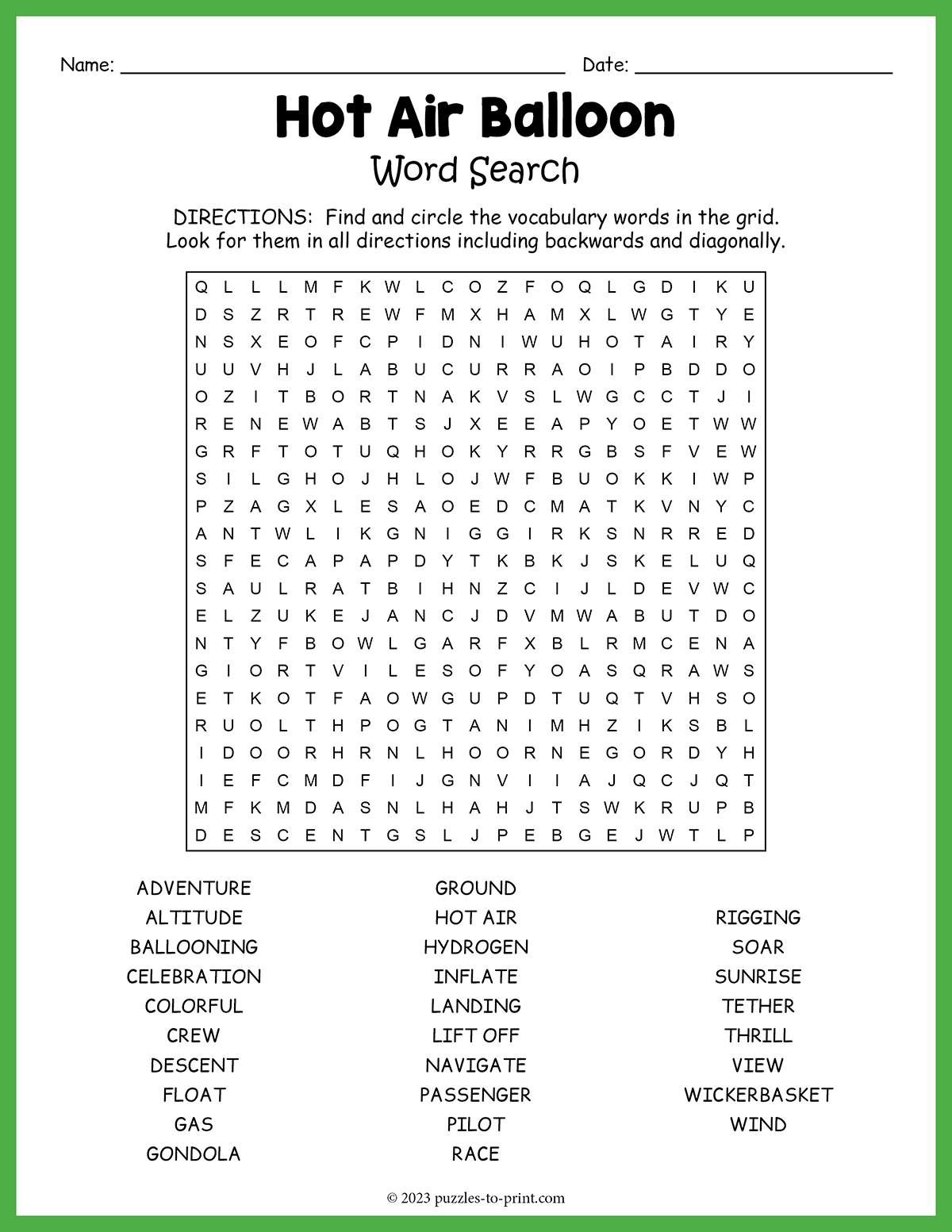 Hot Air Balloon Word Search