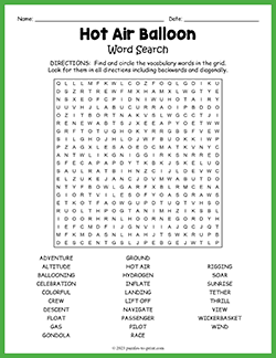 Free printable Hot Air Balloon Word Search puzzle worksheet