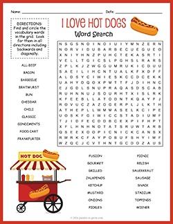 Free printable Hot Dog Word Search puzzle worksheet