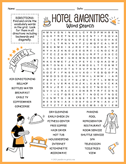 Free printable Hotel Amenities Word Search puzzle worksheet