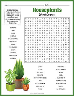 Free printable houseplants themed word search puzzle worksheet