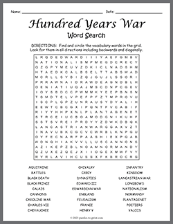 Free printable Hundred Years War Word Search puzzle worksheet
