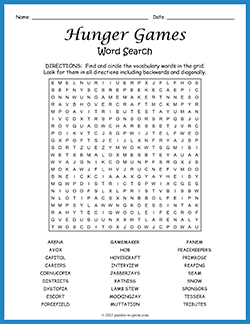 Free printable Hunger Games Word Search puzzle worksheet
