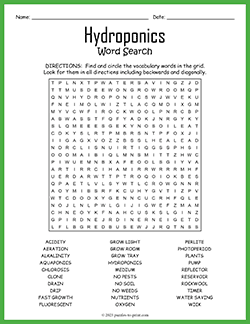 Free printable Hydroponics Word Search puzzle worksheet
