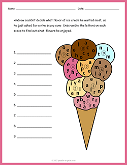 Free printable Ice Cream Cone Word Scramble puzzle worksheet