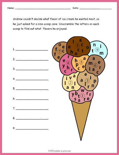 Ice Cream Cone Word Scramble