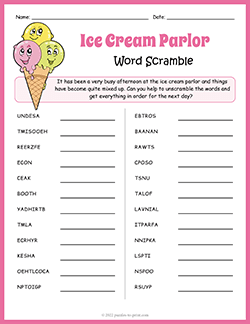 Free printable Ice Cream Parlor Word Scramble puzzle worksheet