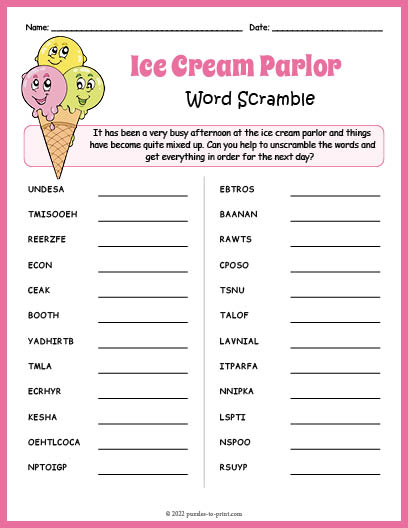 Ice Cream Parlor Word Scramble