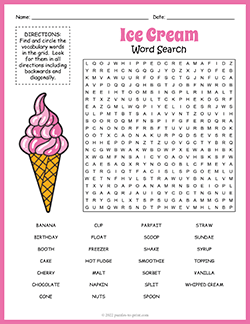 Free printable Ice Cream Word Search puzzle worksheet