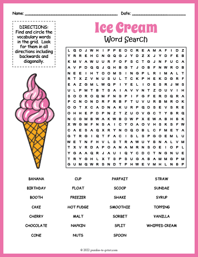 Ice Cream Word Search Word Search