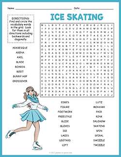 Free printable Ice Skating Word Search puzzle worksheet