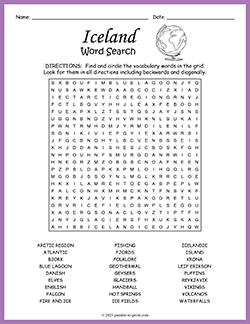 Free printable Iceland Word Search puzzle worksheet