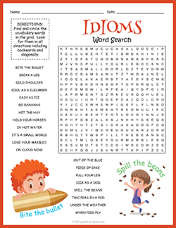 Free printable Idioms Word Search puzzle worksheet
