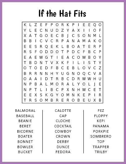 If the Hat Fits Word Search