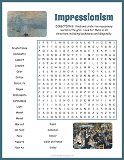 Free printable Impressionism Word Search puzzle worksheet