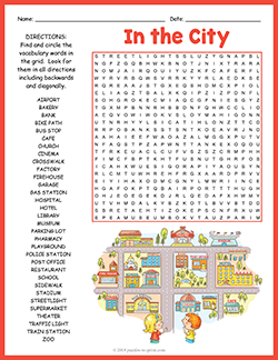 Free printable In the City Word Search puzzle worksheet