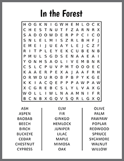 Free printable In the Forest Word Search puzzle worksheet