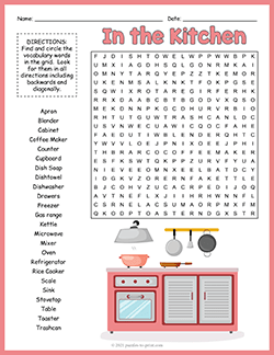 Free printable In the Kitchen Word Search puzzle worksheet