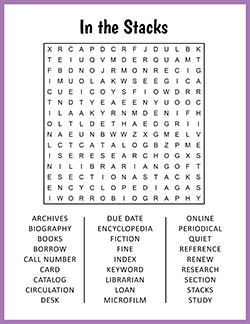 Free printable In the Stacks Word Search puzzle worksheet