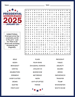 Free printable Inauguration Day 2025 Word Search puzzle worksheet