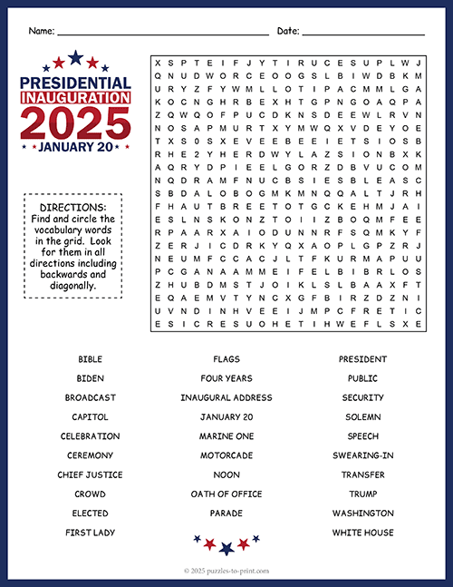 Inauguration Day 2025 Word Search
