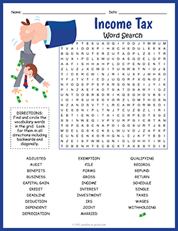 Free printable Income Tax Word Search puzzle worksheet