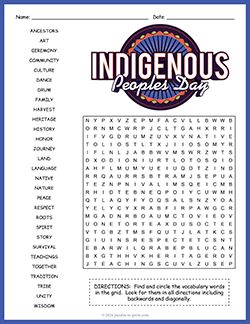 Free printable Indigenous Peoples Day Word Search puzzle worksheet