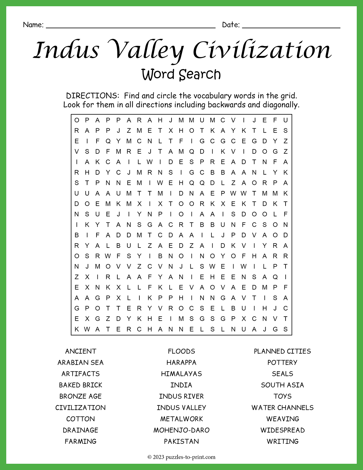 Indus Valley Civilization Word Search