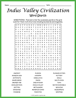 Free printable Indus Valley Civilization Word Search puzzle worksheet