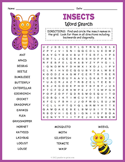 Free printable Insect Word Search puzzle worksheet