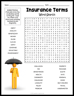 Free printable Insurance Terms Word Search puzzle worksheet