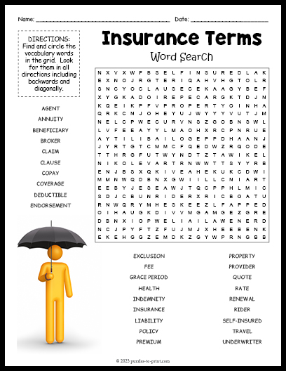 Insurance Terms Word Search