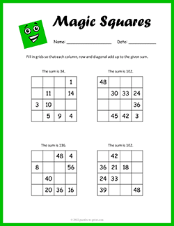 Free printable Intermediate Magic Square Worksheet puzzle worksheet